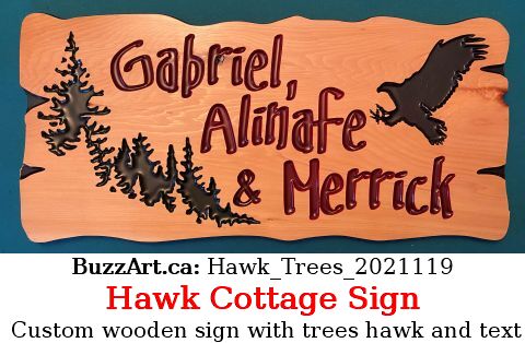 Custom wooden sign with trees, hawk and text